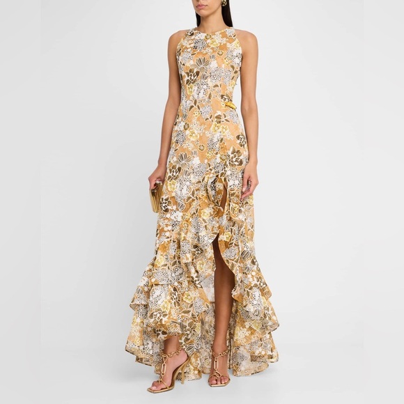 NWT Bronx And Banco Sicilia Floral Multi Lace Ruffle High-Low Gown Dress Sz XS - Picture 1 of 14